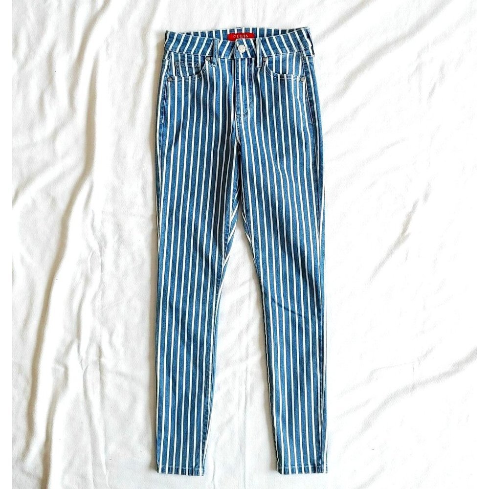 Guess Women's Skinny Leg Blue Jeans Size 25 Blue White Striped Stretch High Rise